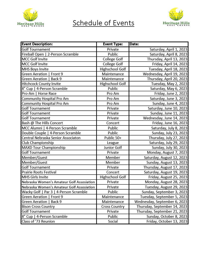 Schedule of Events Heritage Hills Golf Course